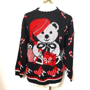 UGLY CHRISTMAS Sweater Teddy Bear w/ Christmas pkg by Nutcracker  VTG  Y2KEUC